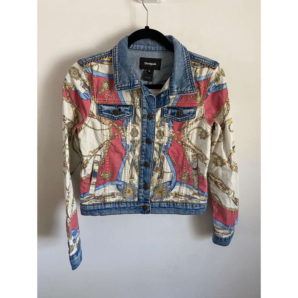 Desigual Scarf Print Denim Jacket Blue Red Chain Motif Anchor Buttons Size 34
